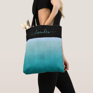 Teal White Black rustic ombre personalized Tote Bag