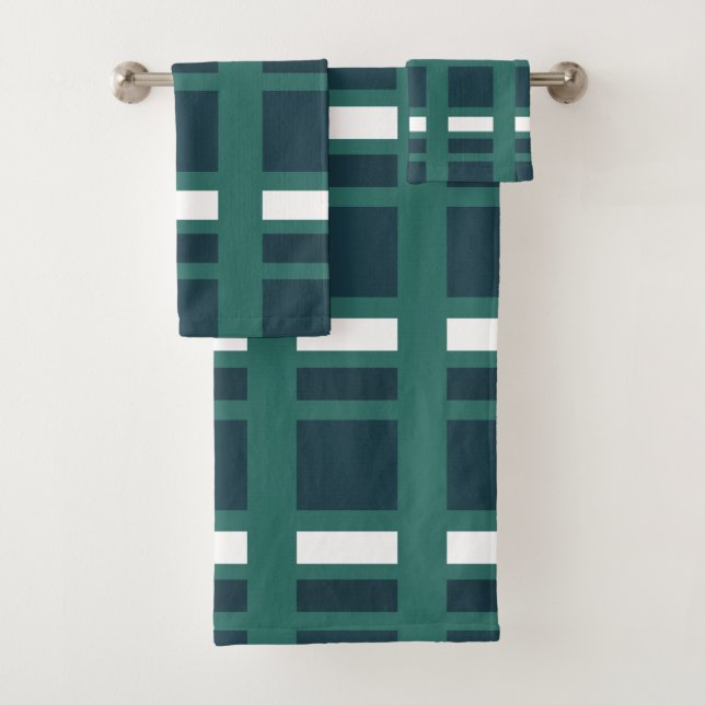 Teal White Blue Modern Plaid Check Bath Towel Set (Insitu)