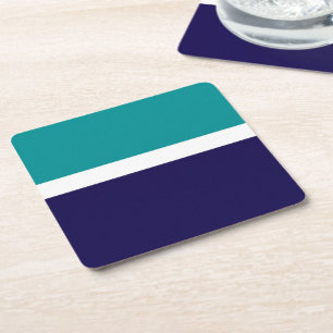 Teal White Blue Plain Color Block Design Square Paper Coaster