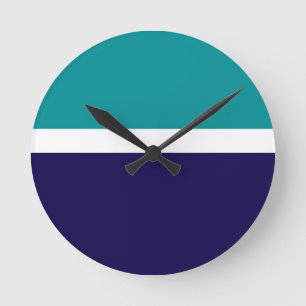 Teal White Blue Plain Colour Block Design Round Clock