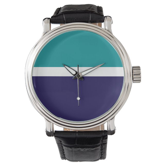 Teal White Blue Plain Colour Block Design  Watch (Front)
