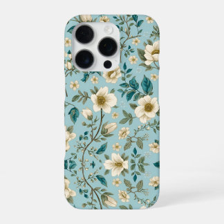Teal & White Botanical Floral Pattern Aesthetic iPhone 16 Pro Case