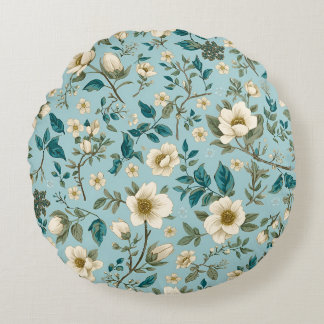 Teal & White Botanical Floral Pattern Aesthetic Round Pillow