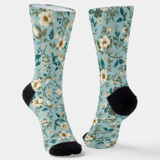 Teal & White Botanical Floral Pattern Aesthetic Socks