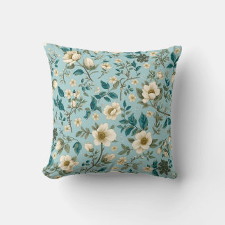 Teal & White Botanical Floral Pattern Aesthetic Throw Pillow