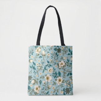 Teal & White Botanical Floral Pattern Aesthetic Tote Bag