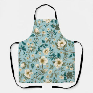 Teal & White Botanical Floral Pattern Kitchen Apron