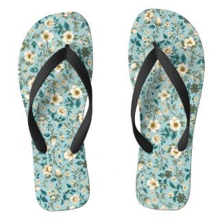 Teal & White Botanical Floral Pattern Summer Flip Flops