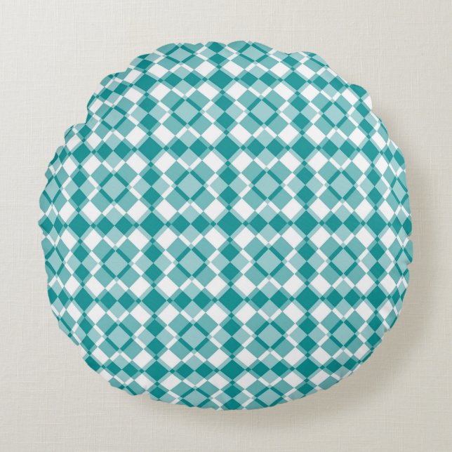 Teal White Chequered Argyle Pattern Round Pillow (Front)