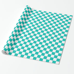 Teal White Chequered Board Pattern Wrapping Paper