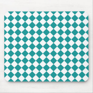Teal White Chequered Diamond Pattern Mouse Pad