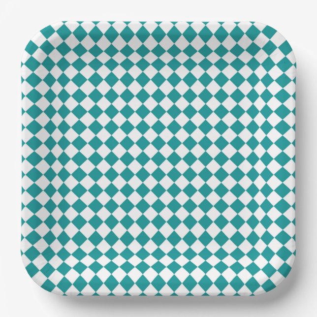 Teal White Chequered Diamond Pattern Paper Plate (Front)