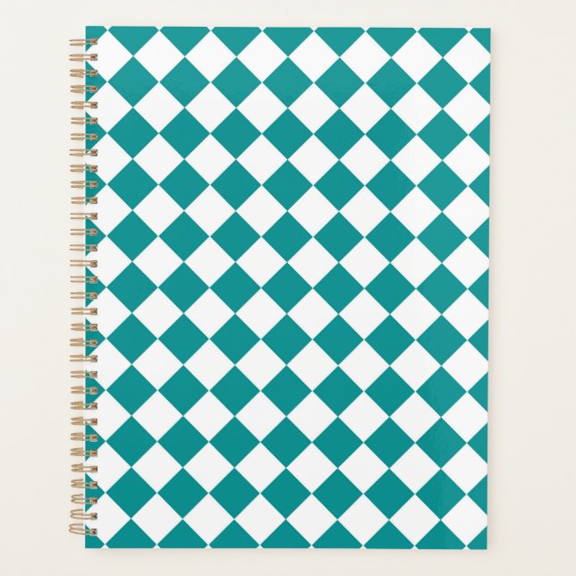 Teal White Chequered Diamond Pattern Planner (Front)