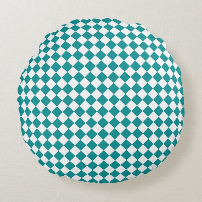 Teal White Chequered Diamond Pattern Round Pillow (Front)