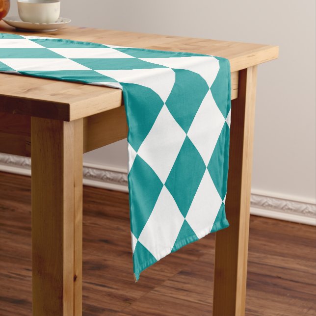 Teal White Chequered Diamond Pattern Short Table Runner (In Situ)