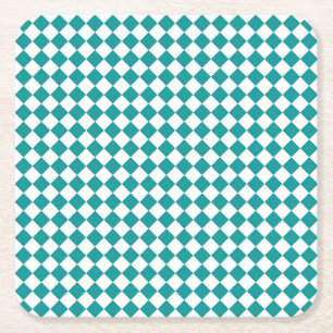 Teal White Chequered Diamond Pattern Square Paper Coaster