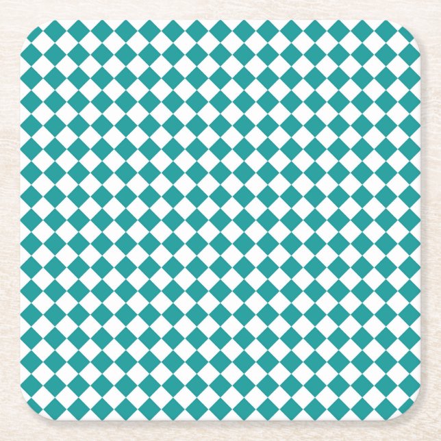 Teal White Chequered Diamond Pattern Square Paper Coaster (Front)