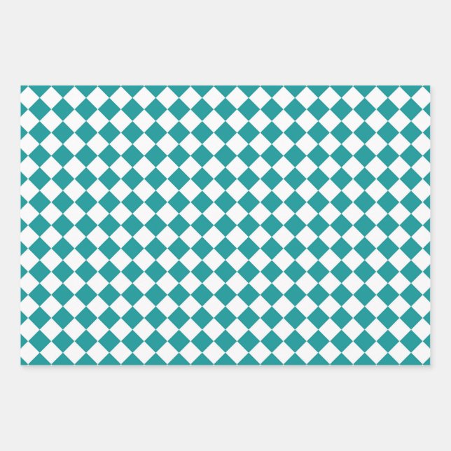 Teal White Chequered Diamond Pattern Wrapping Paper Sheet (Front)