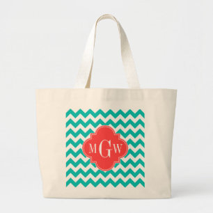 Teal White Chevron Coral Quatrefoil 3 Monogram Large Tote Bag