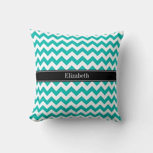 Teal White Chevron ZigZag Black Name Monogram Throw Pillow (Front)