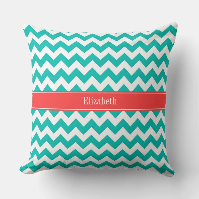 Teal White Chevron ZigZag Coral Name Monogram Throw Pillow (Front)