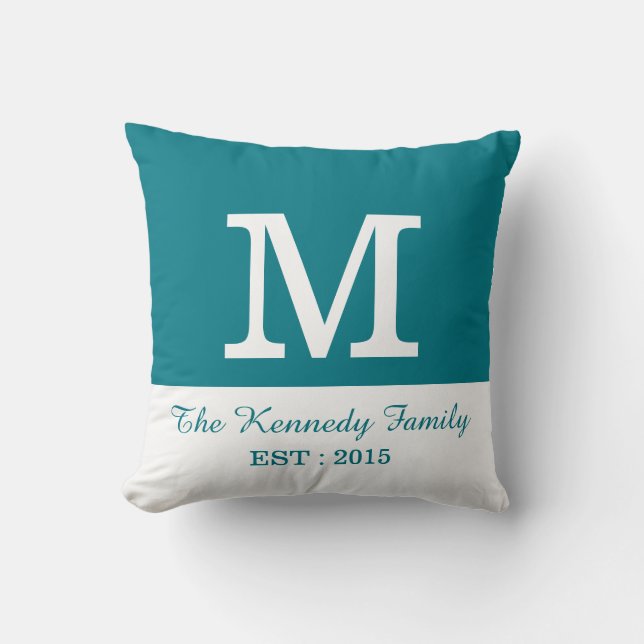 Teal White Colour Block Reversible Family Monogram Throw Pillow (Front)