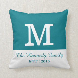 Teal White Colour Block Reversible Family Monogram Throw Pillow