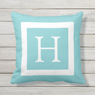 Teal White Custom Monogram Outdoor Pillow