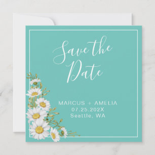 Teal & White Daisies Save the Date QR Code  Announcement