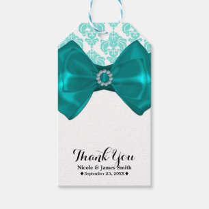 Teal & White Damask Bling Bow Glam Sweet 16 Party Gift Tags