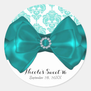 Teal & White Damask Chic Bow Glam Sweet 16 Party Classic Round Sticker