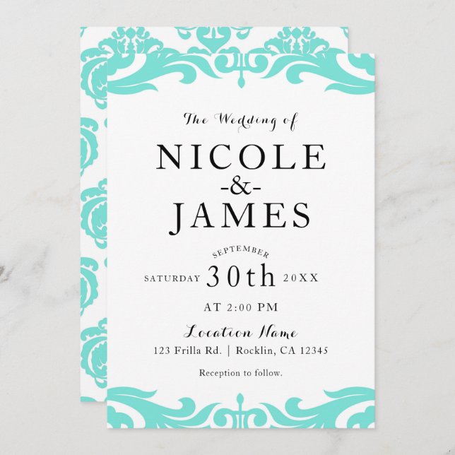 Teal & White Damask Chic Elegant Minimal Wedding Invitation (Front/Back)