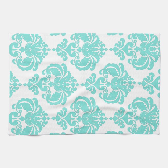 Teal & White Damask Chic Modern Elegant Pattern Kitchen Towel (Horizontal)