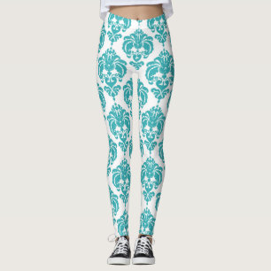 Teal & White Damask Chic Modern Elegant Pattern Leggings