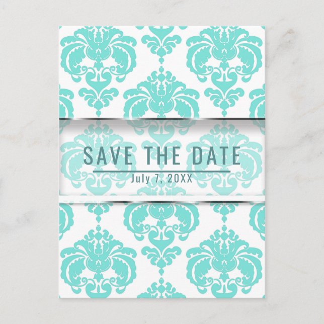 Teal  & White Damask Chic Wedding Save the Date Announcement Postcard (Front)