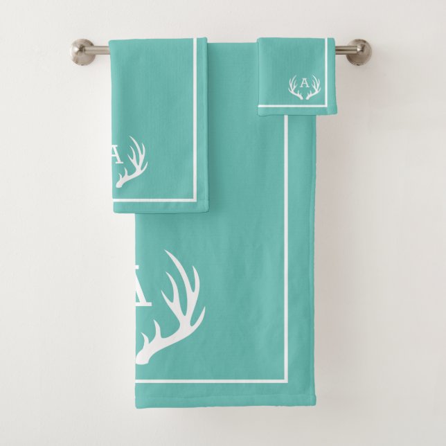 Teal & White Deer Antlers Modern Farmhouse Bath Towel Set (Insitu)