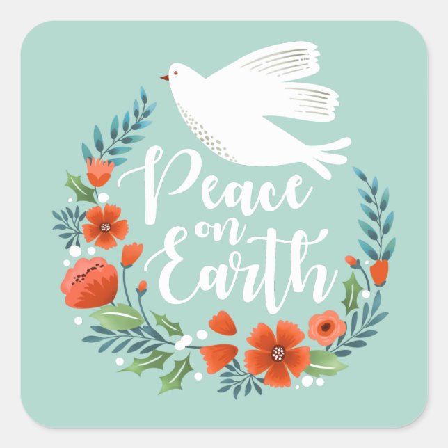 Teal White Dove Peace on Earth Christmas Square Sticker (Front)