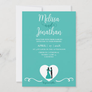 Teal White Elegant Wedding Bride and Groom Invitation