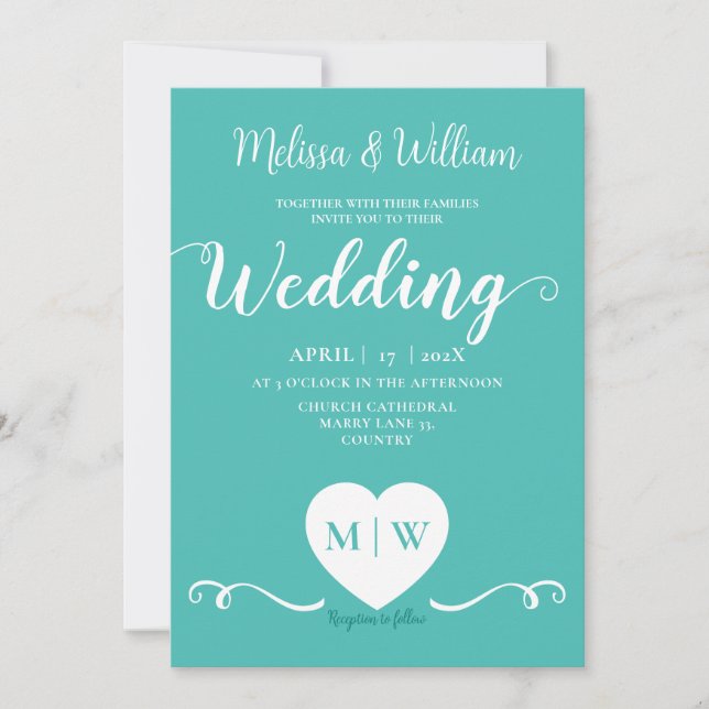 Teal White Elegant Wedding heart initials Invitation (Front)