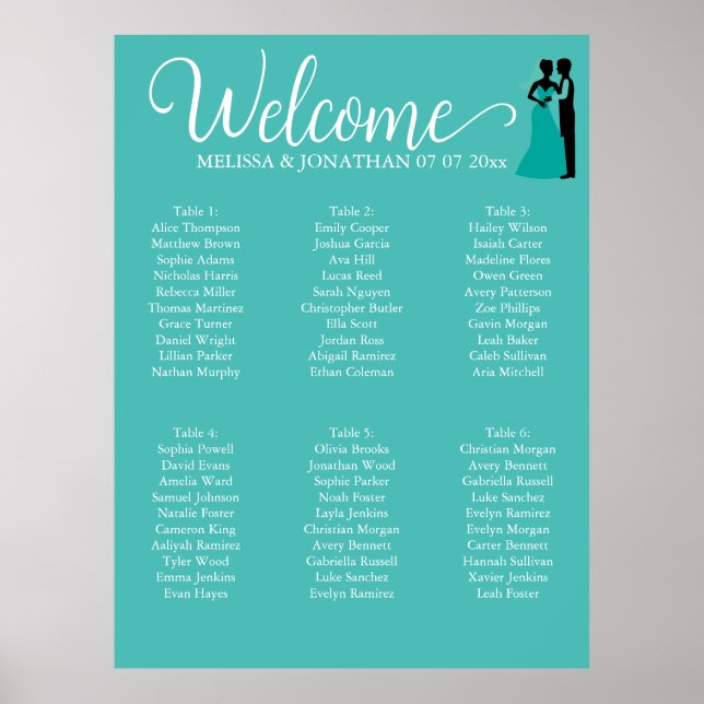 Teal White Elegant Wedding seating chart poster (Front)