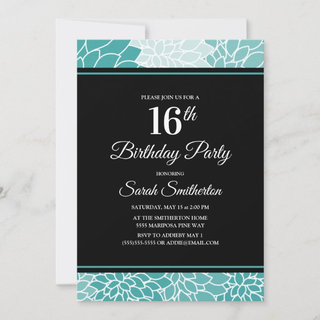Teal White Floral 16th Birthday Party Invitation (Front)