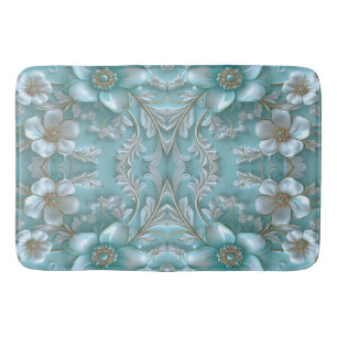 Teal White Floral Bath Mat