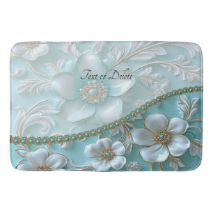 Teal White Floral Bath Mat