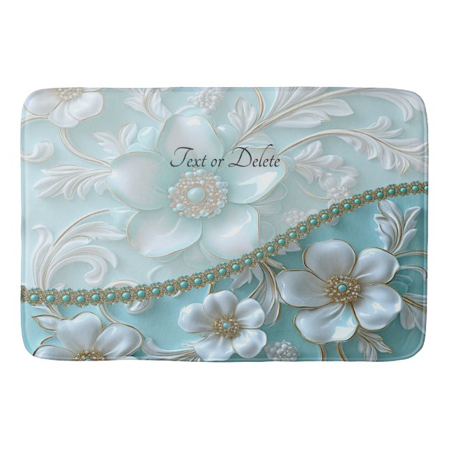 Teal White Floral Bath Mat (Front)