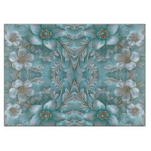 Teal White Floral Cutting Board