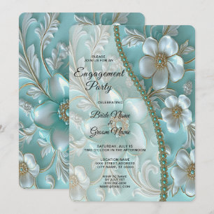 Teal White Floral Engagement Invitation