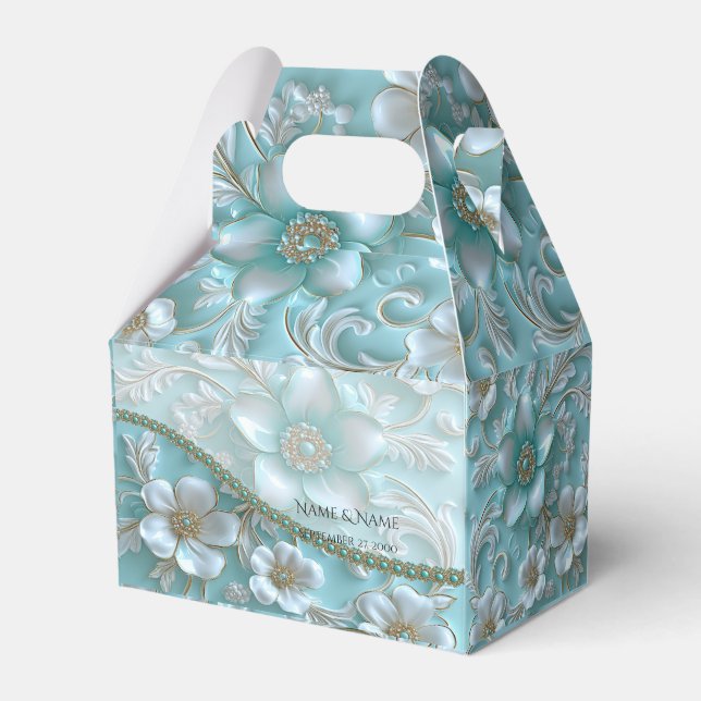 Teal White Floral Favour Box (Front Side)