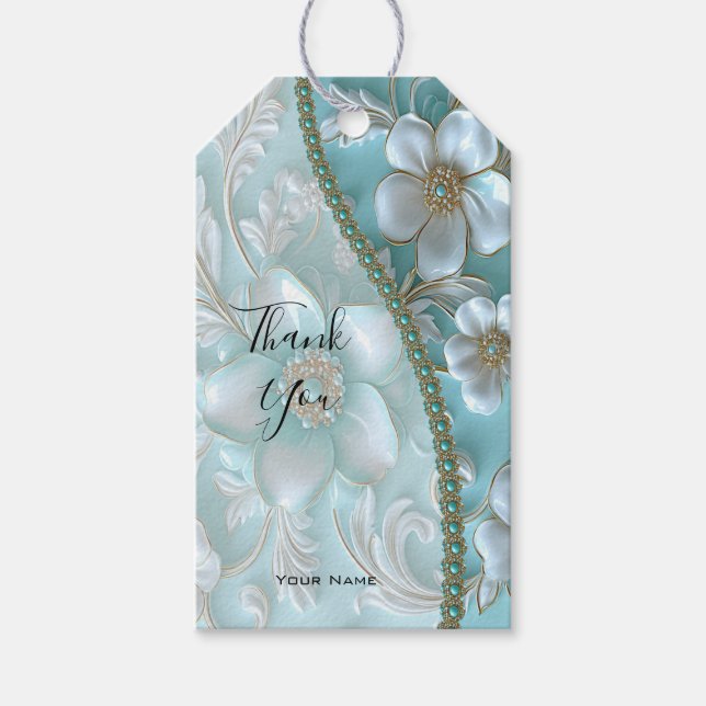 Teal White Floral Gift Tag (Front)