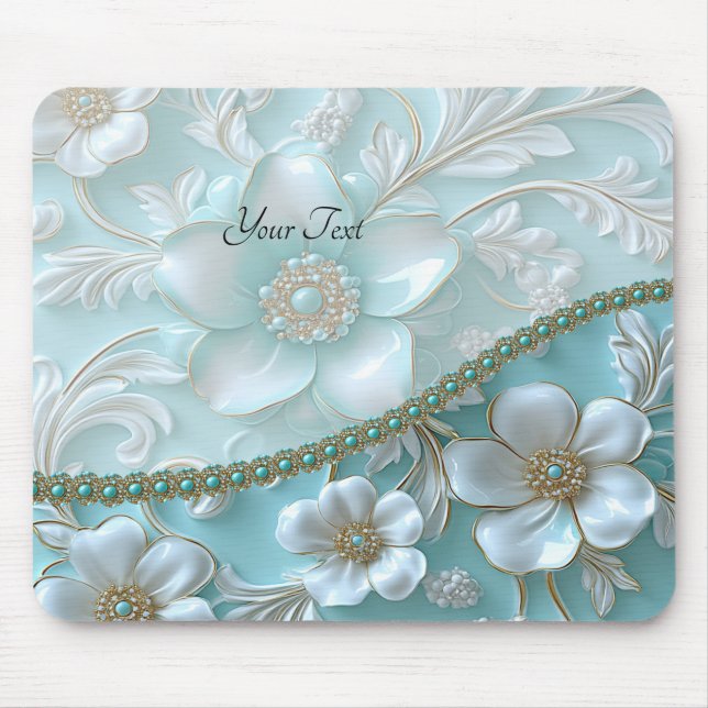 Teal White Floral Mousepad (Front)