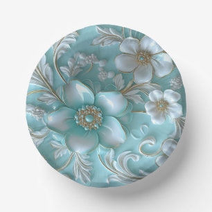 Teal White Floral Paper Bowls Plate